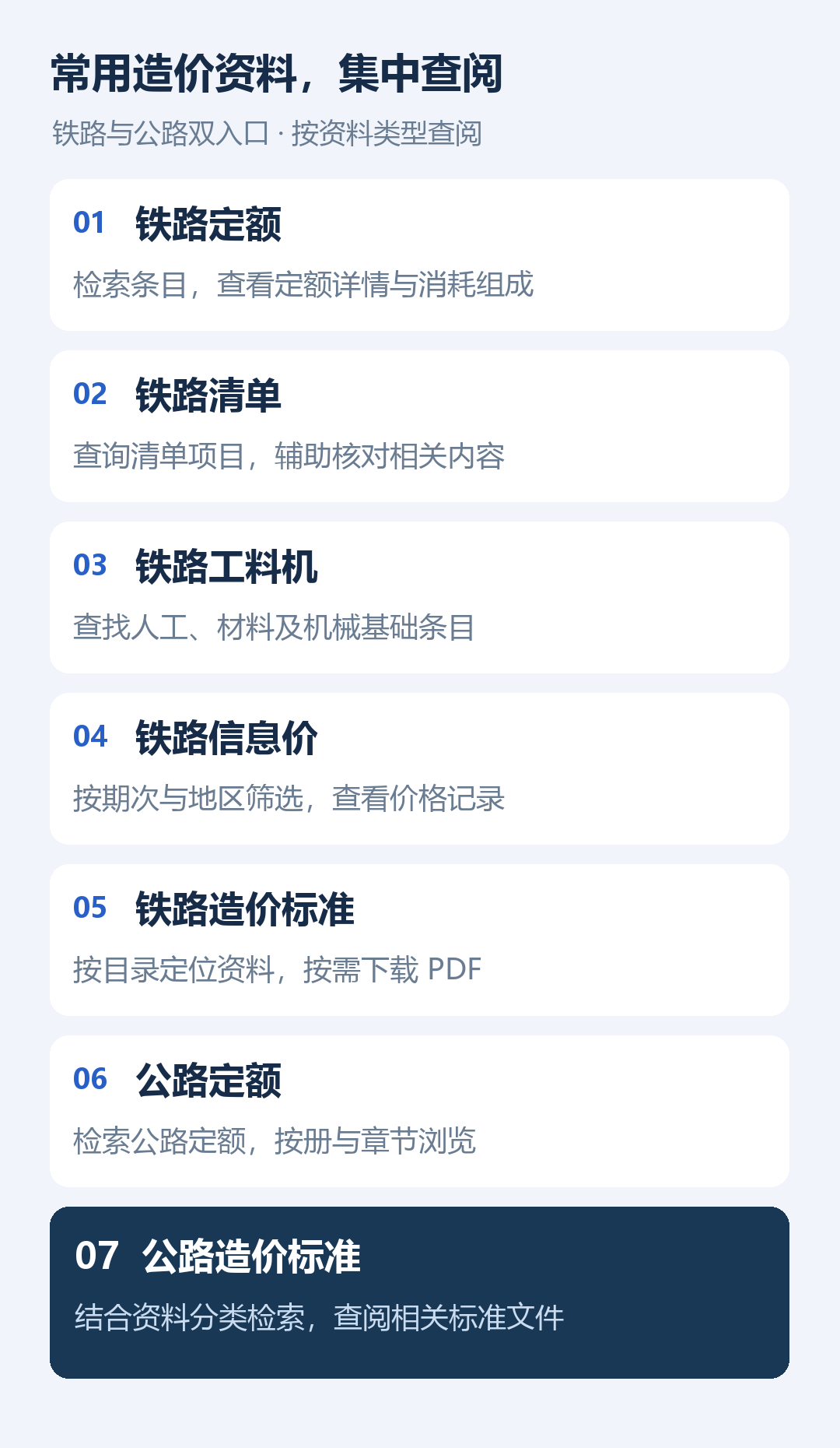 七类资料入口,覆盖常见的铁路与公路造价查阅任务